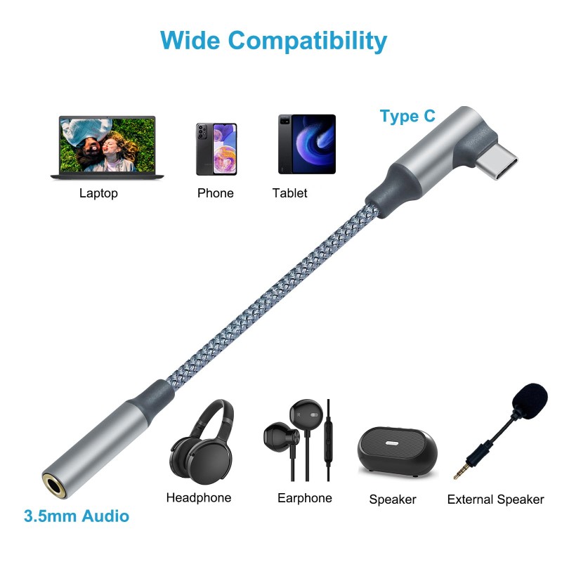 Angled USB Type C to 3.5mm Audio Adapter Cable