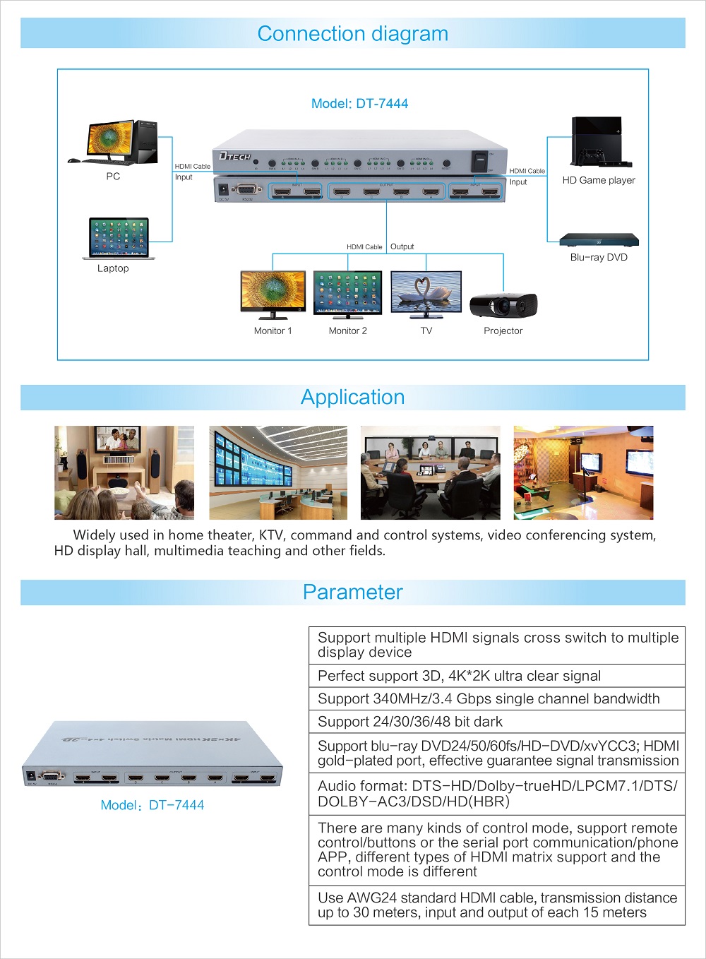 DT-7444 4K 4 in 4 out hdmi matrix 