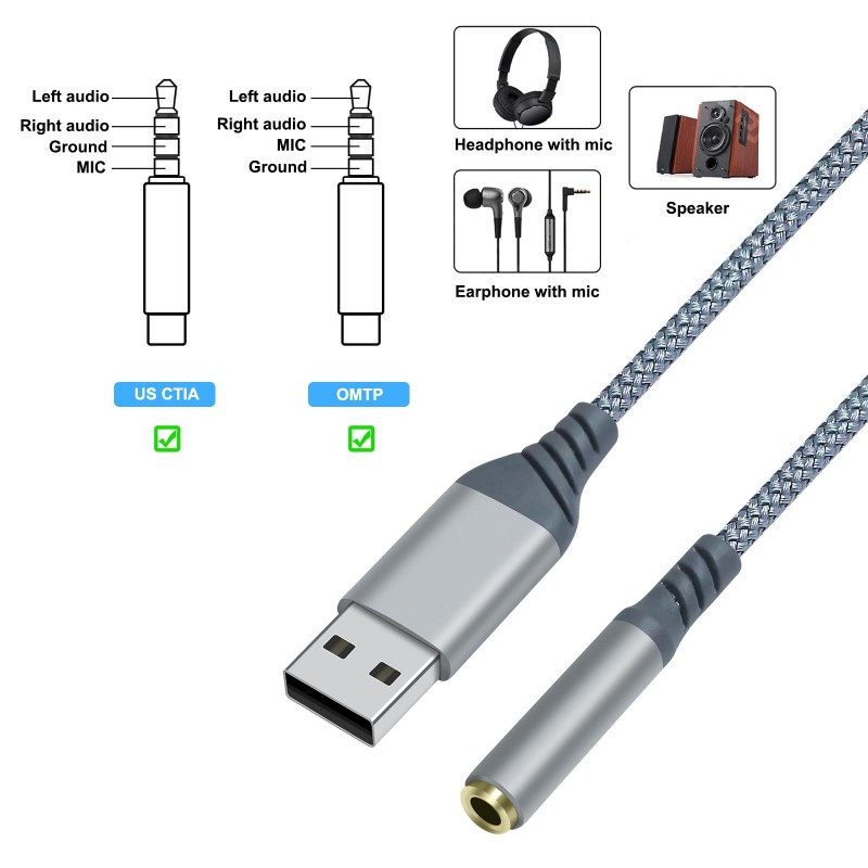 USB til 3,5 mm hljóð millistykki snúra