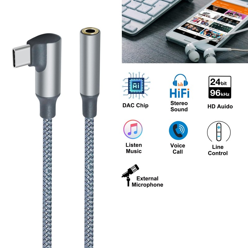 USB C motako angeludun 3,5 mm-ko audio egokitzaile kablea