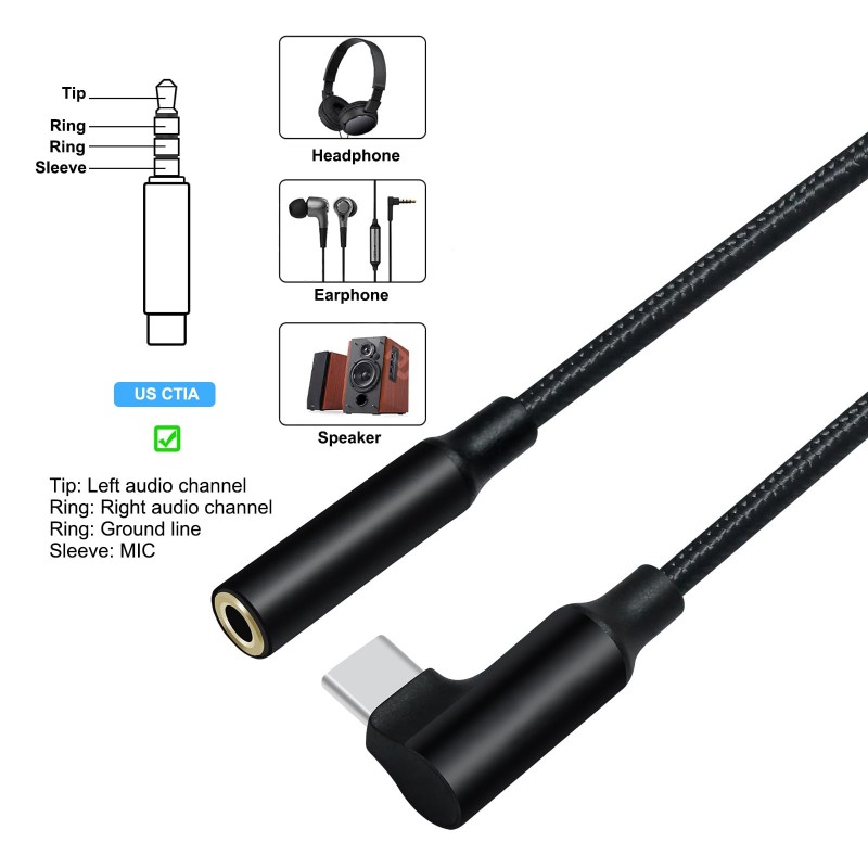 కోణ USB టైప్ C నుండి 3.5mm ఆడియో అడాప్టర్ కేబుల్