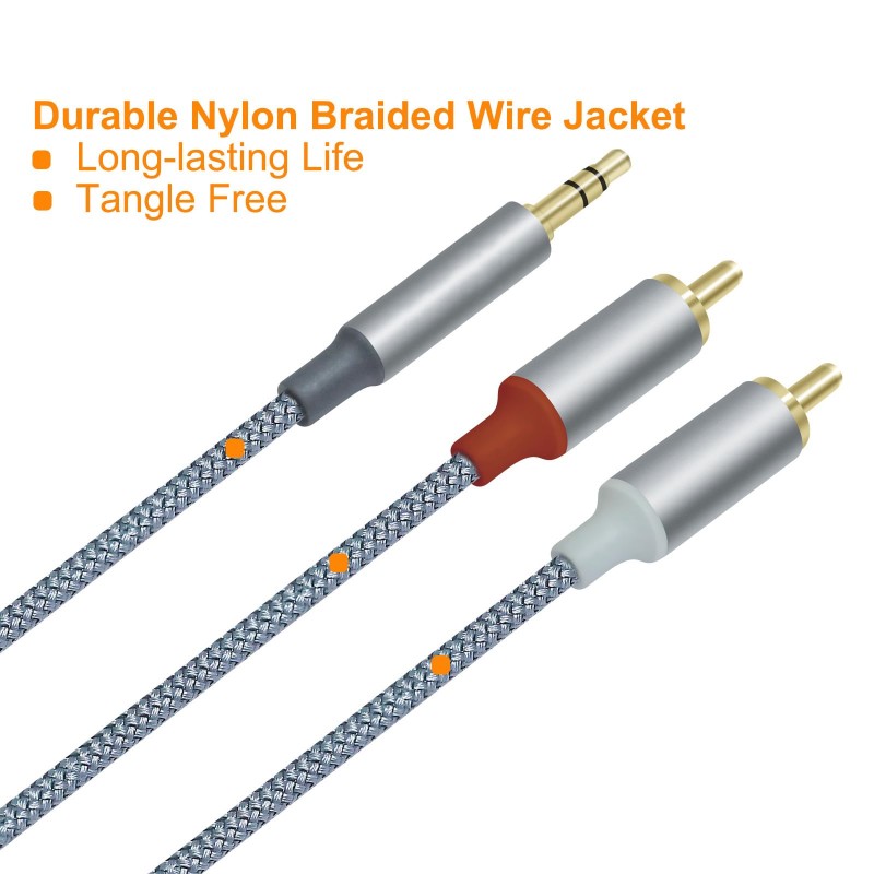 Nylon Braided Grey Audio Cable 3.5MM 3 Pole TRS Aux ka 2 RCA Audio Splitter Cable Ntụgharị
